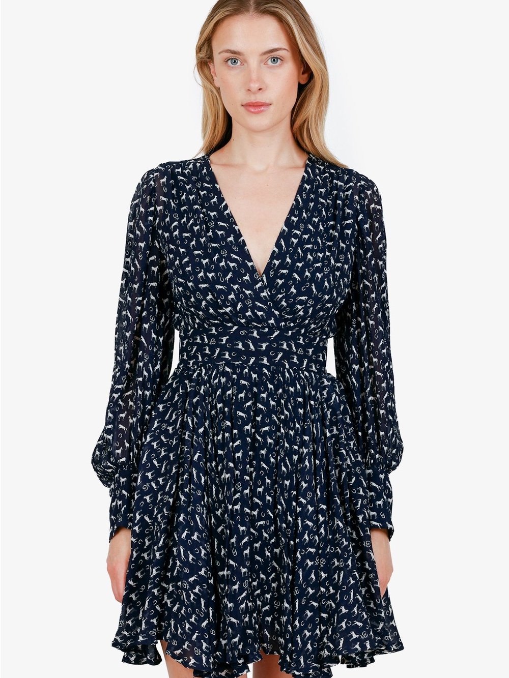 MAJE NAVY HORSE PRINT SKATER LONG SLEEVE MINI DRESS SIZE 34